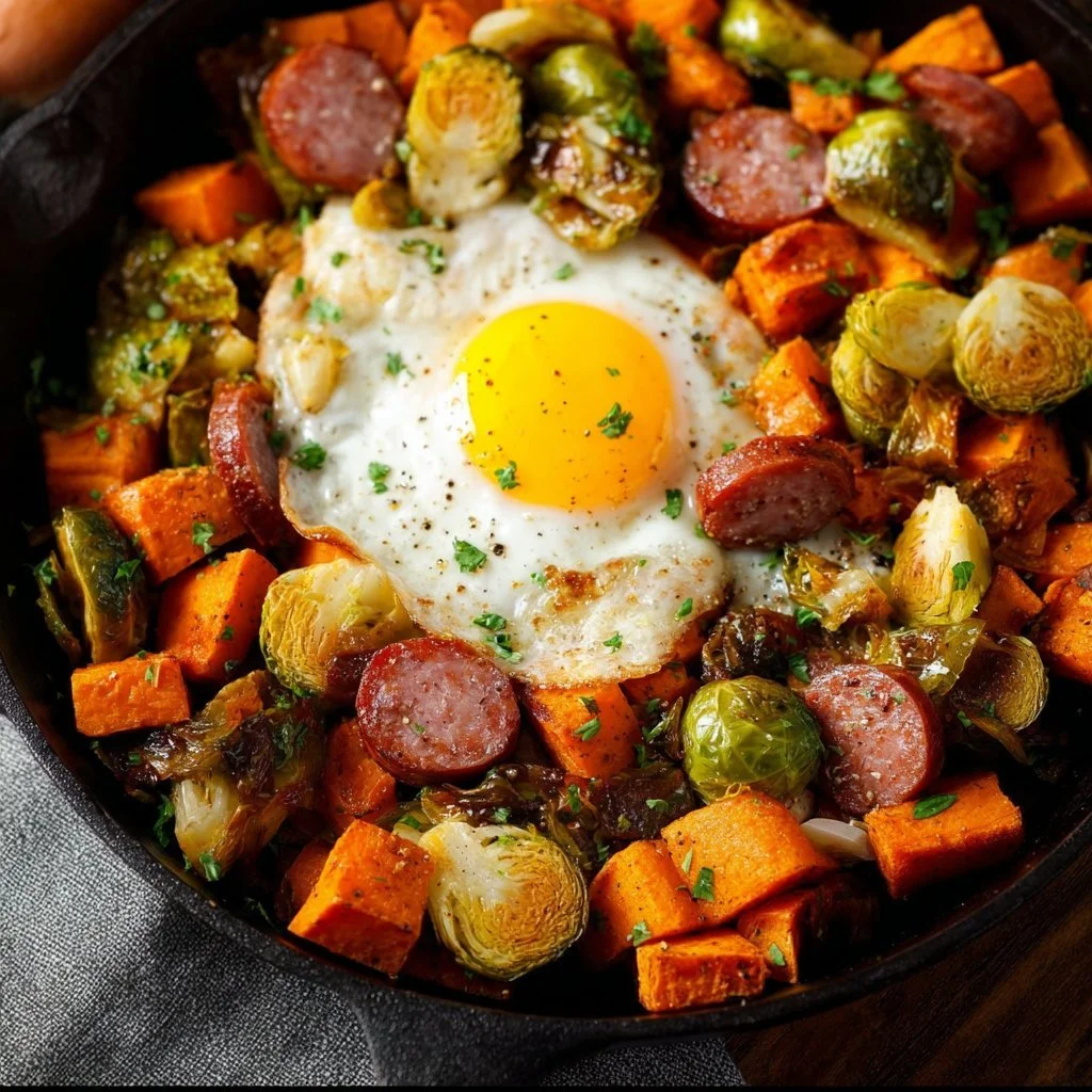 Sweet Potato Brussel Sprout Hash with vibrant colors and healthy ingredients