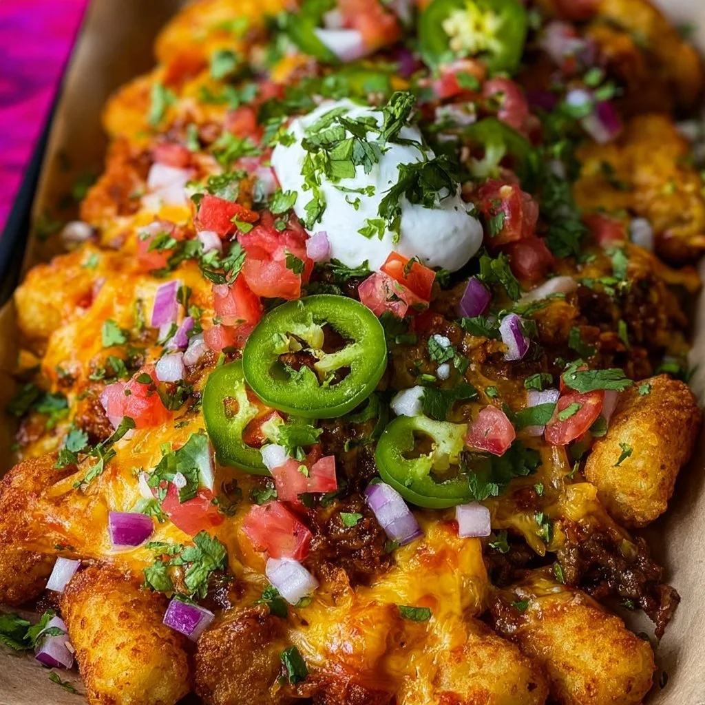 Delicious Sweet Potato Tater Tot Nachos topped with cheese and fresh ingredients