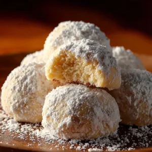 Sweetened condensed milk snowball cookies on a plate dusted with powdered sugar.