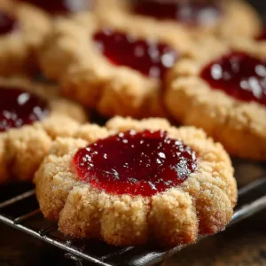 Freshly baked jelly thumbprint cookies with colorful fruit preserves