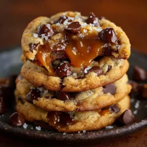 Delicious salted caramel chocolate chip cookies on a cooling rack