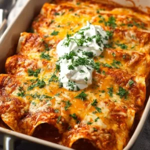 A delicious plate of quick and easy chicken enchiladas garnished with toppings