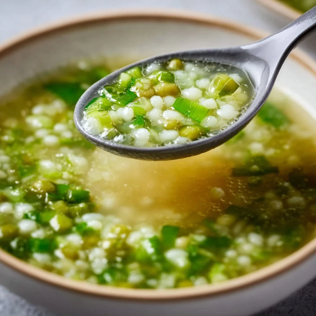 Bowl of vegetarian soup with fresh peas and herbs
