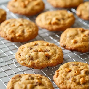 Delicious warm caramel banana bread cookies stacked on a plate