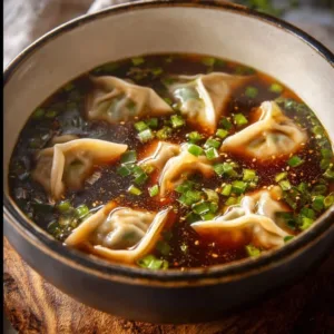Bowl of warm and comforting potsticker soup garnished with green onions