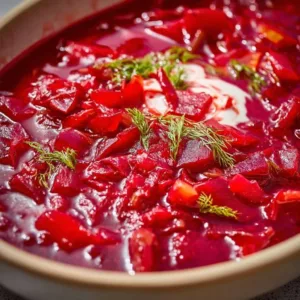 Bowl of warm cabbage borscht garnished with fresh herbs and sour cream
