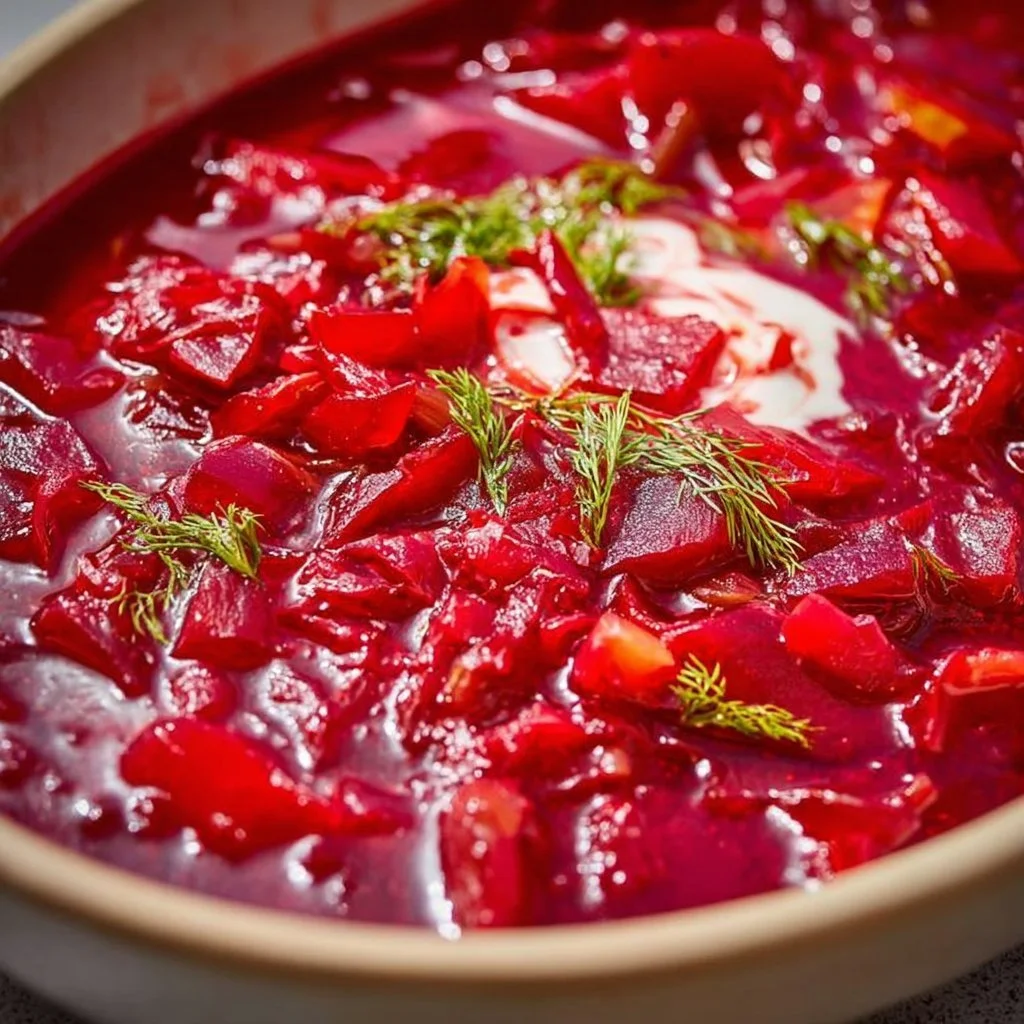 Bowl of warm cabbage borscht garnished with fresh herbs and sour cream