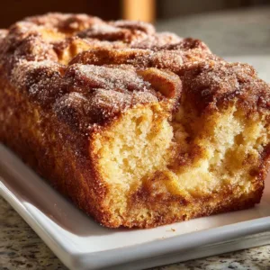 Warm cinnamon sugar apple loaf fresh out of the oven, topped with a sweet glaze
