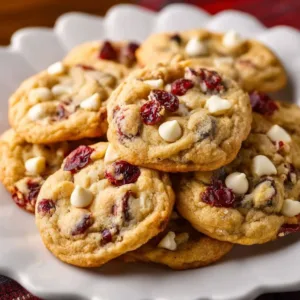 Delicious white chocolate cranberry cookies on a baking tray, ready to enjoy.