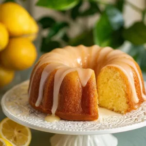 Delicious lemon cake with frosting and lemon slices on a decorative plate