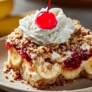 Delicious banana split dump cake topped with whipped cream and cherries