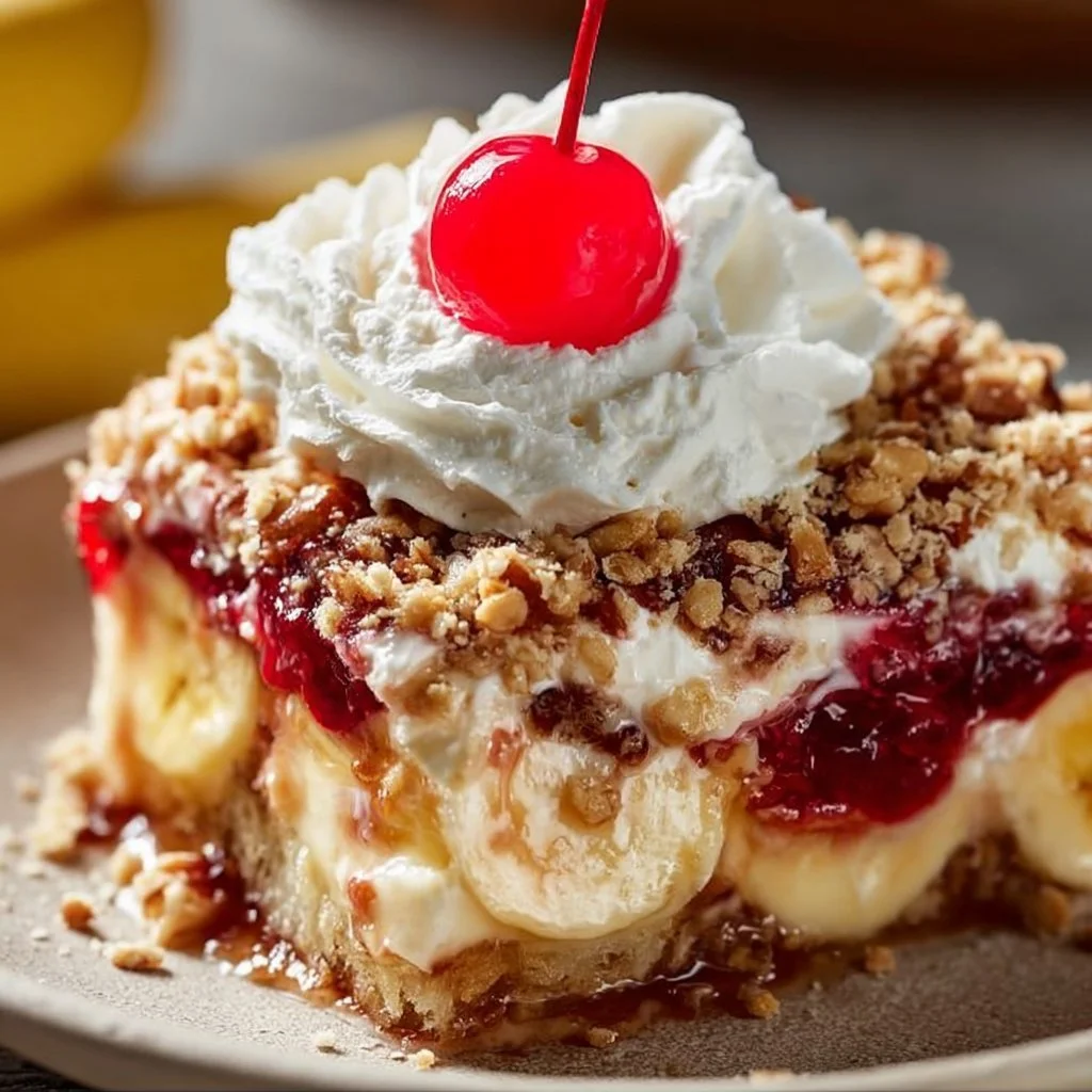 Delicious banana split dump cake topped with whipped cream and cherries