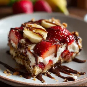 Delicious Banana Split Dump Cake topped with whipped cream and bananas