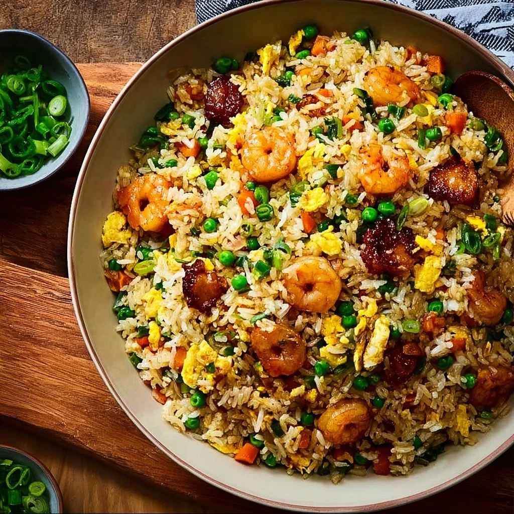 A vibrant plate of Bang Bang Fried Rice garnished with fresh vegetables and herbs.