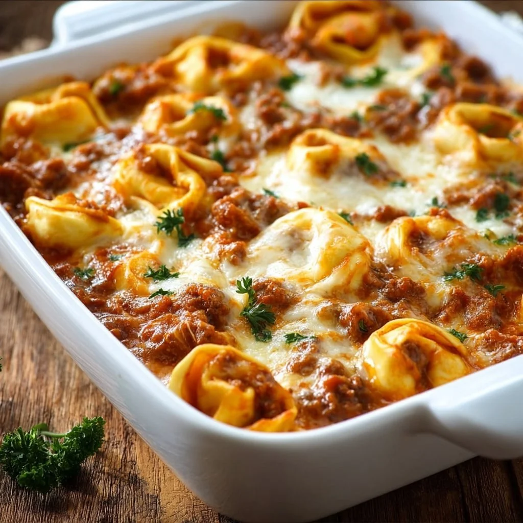Creamy Beefy Tortellini Bake in a casserole dish ready to serve