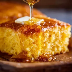 Delicious homemade cornbread, sweet and moist, served in a rustic setting