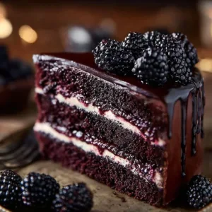 Sliced blackberry velvet gothic cake showcasing its rich creamy layers and berry topping