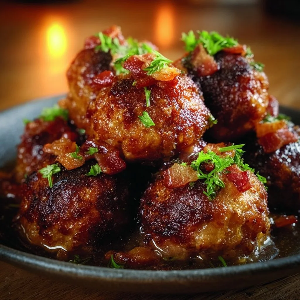 Bourbon Bacon Cheeseburger Meatballs served on a platter