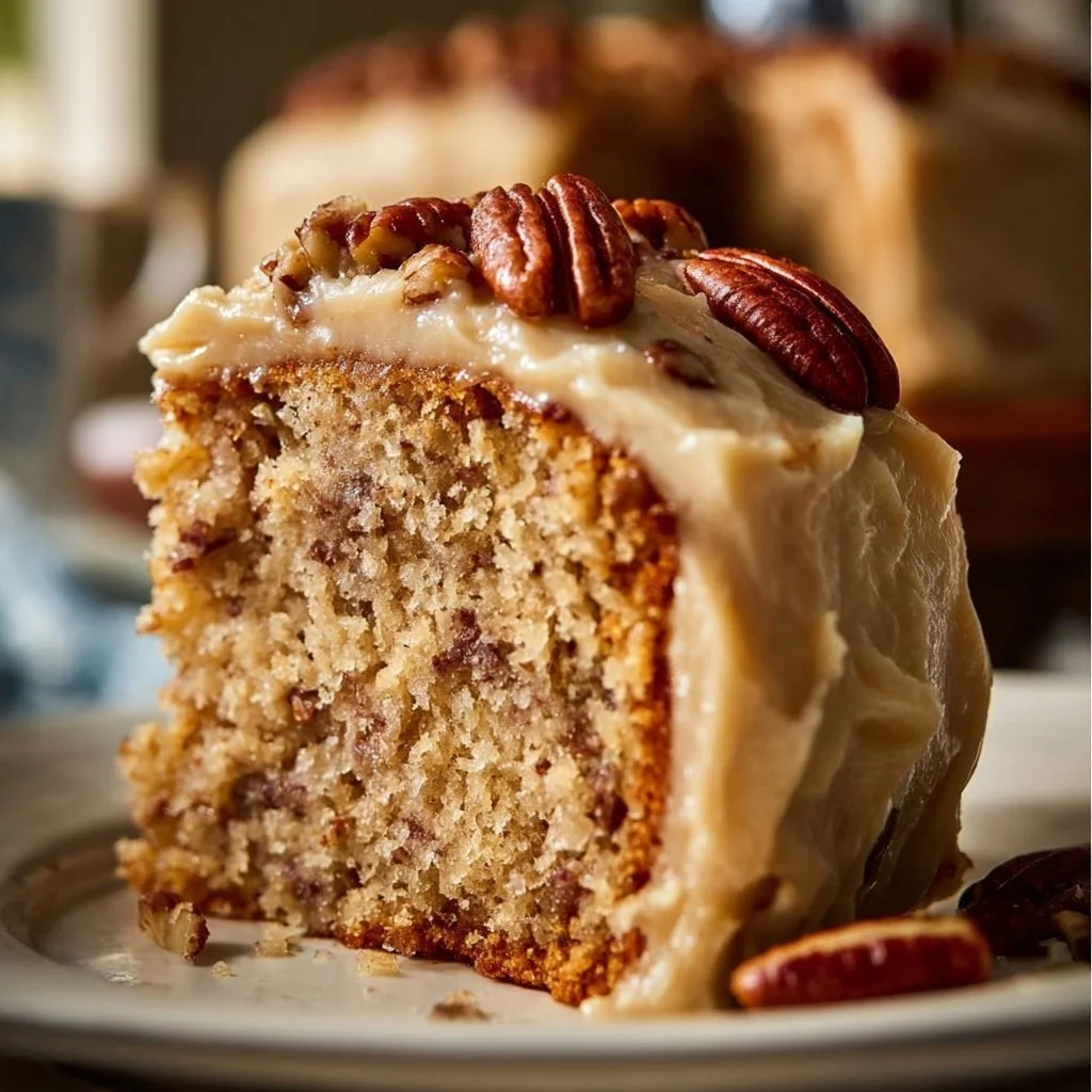 Delicious Butter Pecan Cake layers with nuts and creamy frosting
