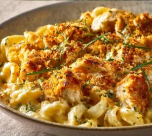 Delicious bowl of Cajun Chicken Mac and Cheese topped with herbs and spices
