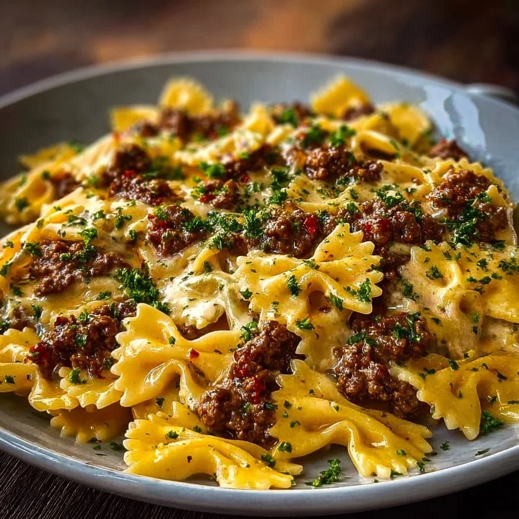 Cajun Cream Cheese Alfredo Bowties with Spiced Ground Beef