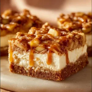 Delicious Caramel Apple Cheesecake Bars topped with caramel drizzle