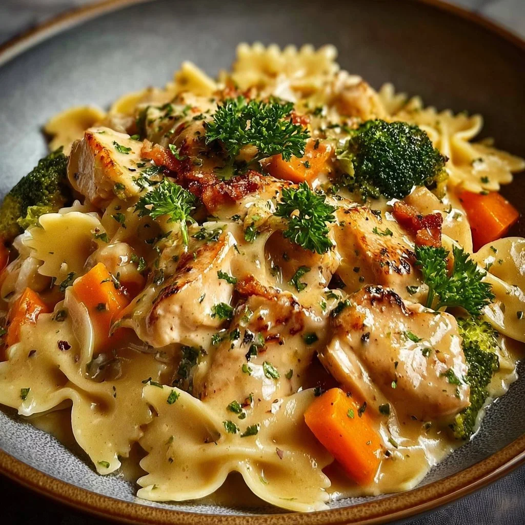 Cheddar Havarti Chicken Bowtie Pasta with roasted broccoli and carrots