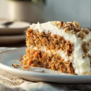 Slice of moist carrot cake with cream cheese frosting from Cheesecake Factory recipe