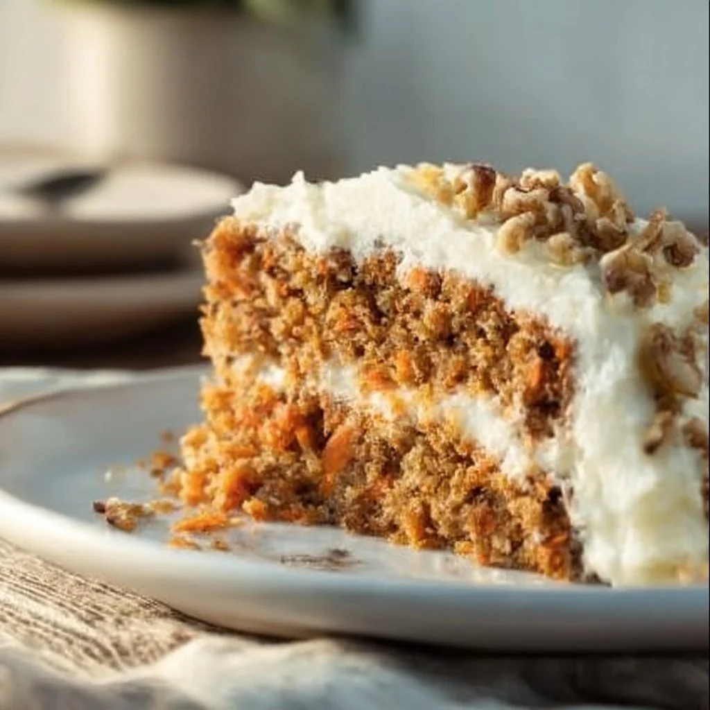 Slice of moist carrot cake with cream cheese frosting from Cheesecake Factory recipe