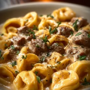 Cheesesteak tortellini in creamy provolone sauce served in a bowl