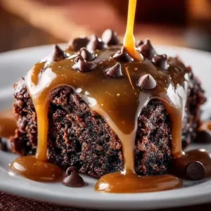Delicious chocolate caramel dump cake topped with rich caramel sauce.