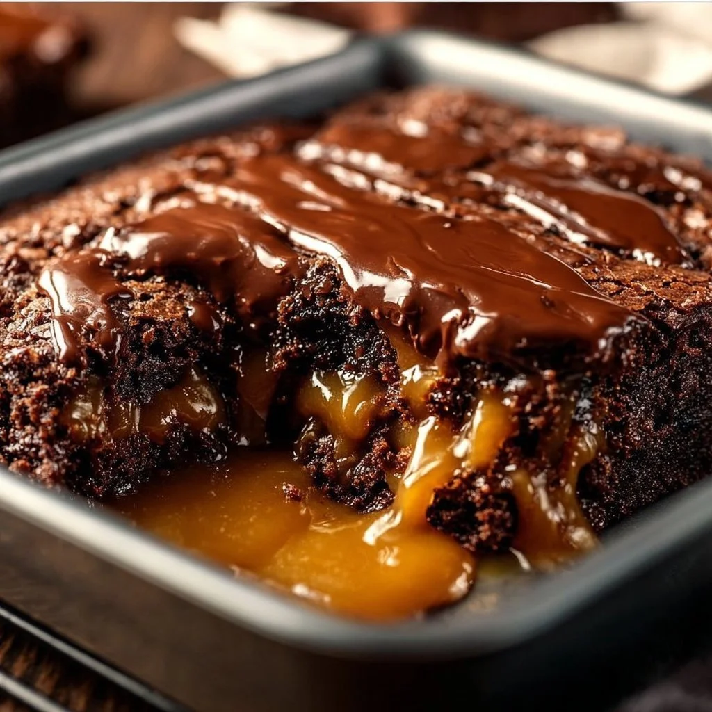 Delicious chocolate caramel dump cake topped with gooey caramel and chocolate layers.