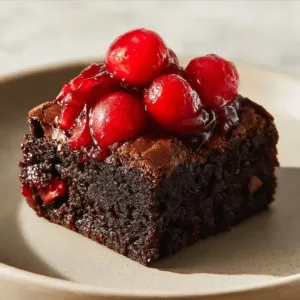 Delicious Chocolate Cherry Cake topped with cherries and chocolate drizzles