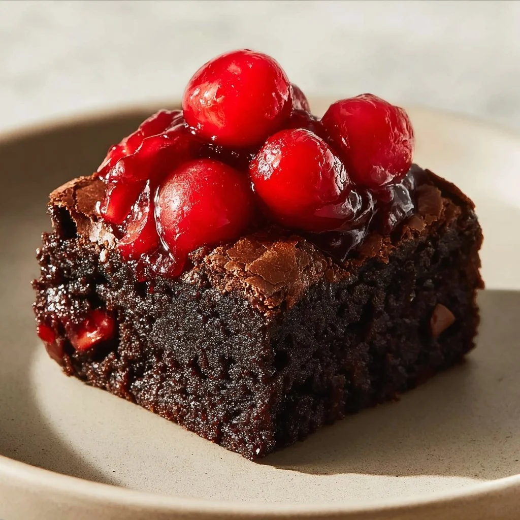 Delicious Chocolate Cherry Cake topped with cherries and chocolate drizzles