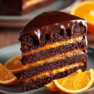 Chocolate Orange Layer Cake with rich ganache on a decorative plate