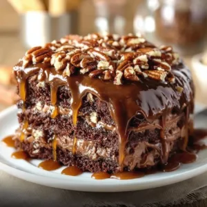 Decadent Chocolate Turtle Cake topped with caramel and pecans