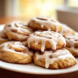 Delicious cinnamon roll cookies with icing on a wooden table