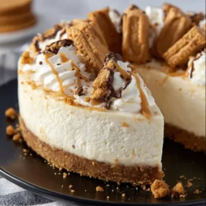 Delicious no bake cookie butter cheesecake topped with whipped cream and cookie crumbs.