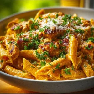 Delicious Cowboy Butter Chicken Pasta served in a bowl with herbs