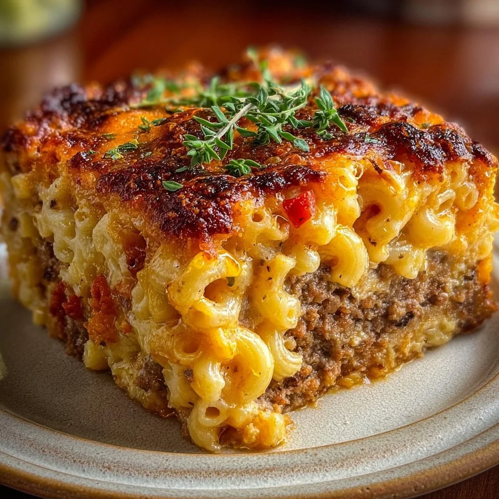 Cozy Mac and Cheese Meatloaf Casserole served with a side salad