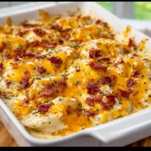 Delicious Crack Chicken Pierogi Casserole topped with cheese and herbs.