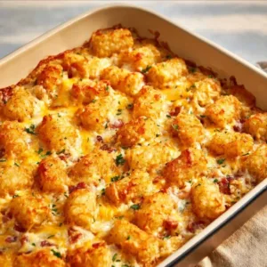 Cracked Out Chicken Tater Tot Casserole topped with cheese and crispy tater tots