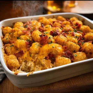 Delicious Cracked Out Chicken Tater Tot Casserole topped with crispy tater tots