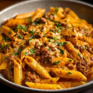 Creamy beef pasta dish served in a bowl with garnishes