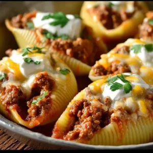 Creamy beef taco stuffed shells filled with savory ground beef and cheese
