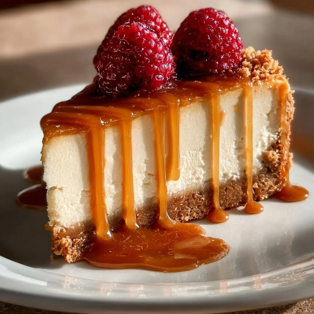 Creamy gingerbread cheesecake topped with caramel sauce for a festive dessert