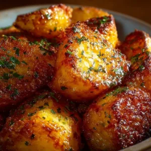 Crispy Parmesan Potatoes served in a bowl, garnished with herbs.