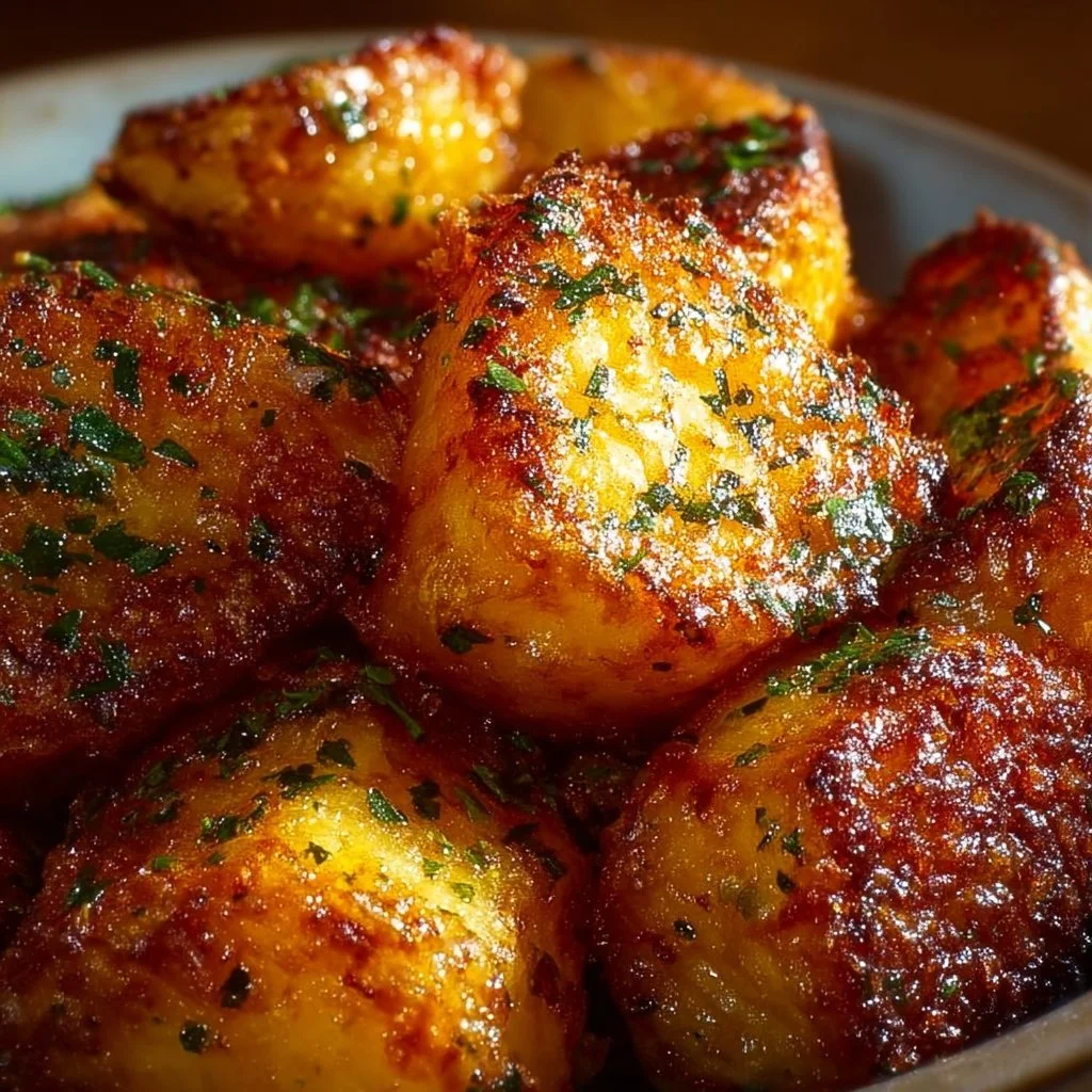 Crispy Parmesan Potatoes served in a bowl, garnished with herbs.