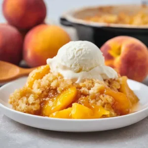 Delicious Crockpot Peach Dump Cake topped with whipped cream and fresh peaches