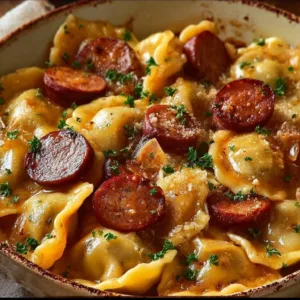 Delicious Crockpot Pierogi Casserole with Kielbasa ready to serve